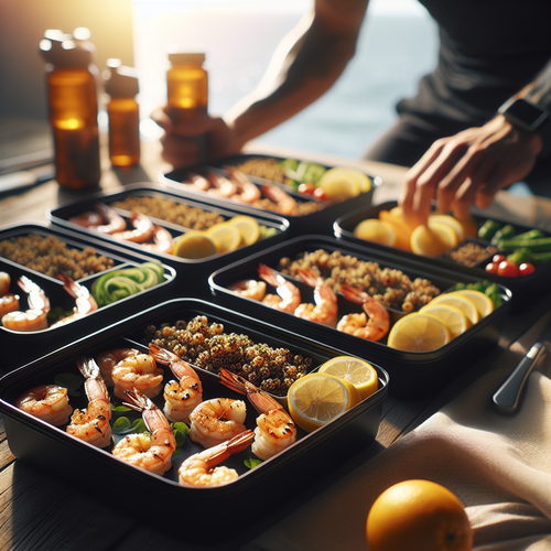 An image illustrating 10 Grilled Shrimp & Quinoa Meal Prep Lunches