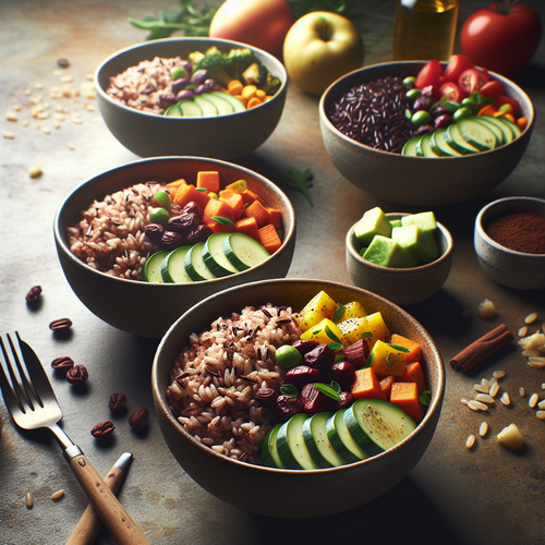 An image illustrating 5 Brown Rice & Roasted Veg Buddha Bowls